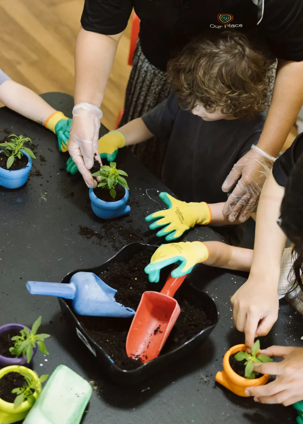An educator helping small hands plant seedlings